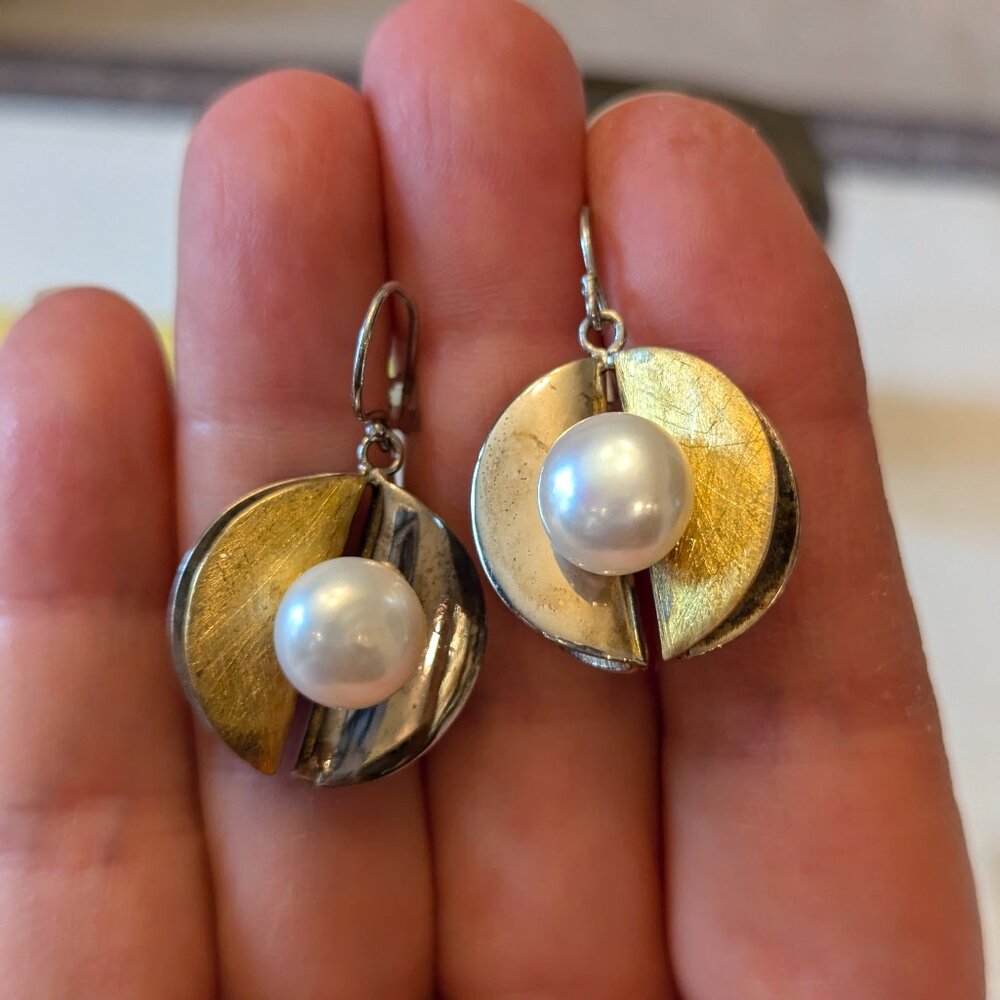 Earring Brushed Silver with Rive Pearl - hints of gold plate and polished silver